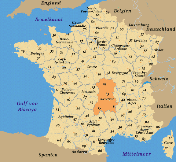Frankreich, Landkarte Region Auvergne