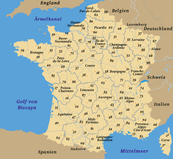 Frankreich, die Regionen und die Départements Frankreichs