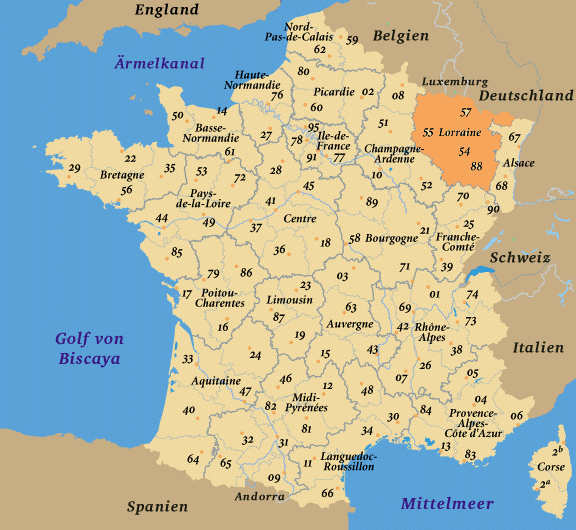 Frankreich, Landkarte Region Lorraine, Lothringen