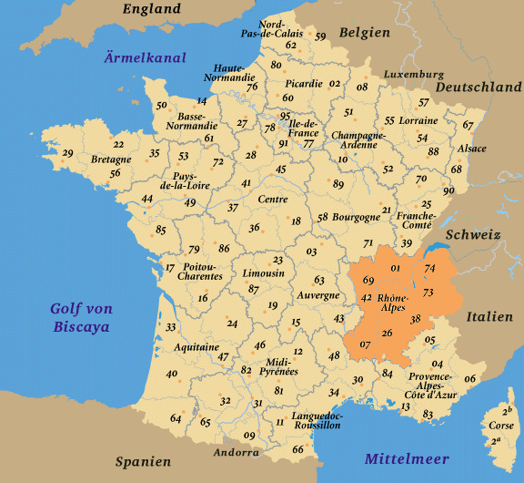Frankreich, Landkarte Rhône Alpes