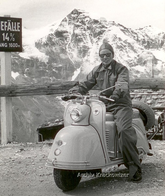 with a Gogo motorcycle on the Grossglockner High Alpine Road in the 1950ies