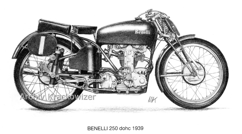 Benelli 250 cm³ dohc, on which 1939 Ted Mellors won the TT